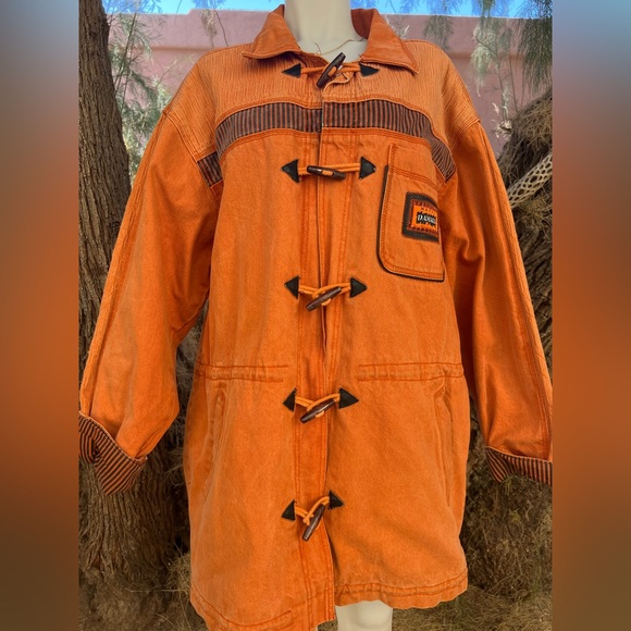 Major Damage Patchwork Drawstring Denim Coat, Mens XXL - Orange/Blk, 90s Vintage - Picture 10 of 12